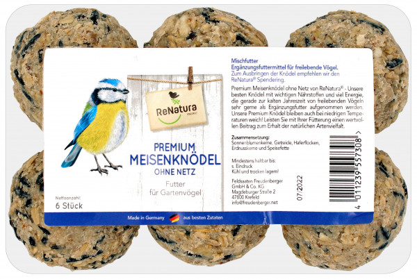Produktbild von ReNatura Premium Meisenknödel ohne Netz für Gartenvögel mit sechs Futterkugeln und Informationen zu Inhaltsstoffen und Markenhinweis auf Deutsch.