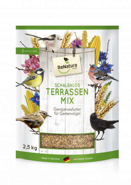 Produktbild von ReNatura Terrassenmix schalenlos Ganzjahresfutter für Gartenvögel in einer 2, 5, kg Verpackung mit Abbildungen von Vögeln und Körnern, gekennzeichnet als Made in Germany.