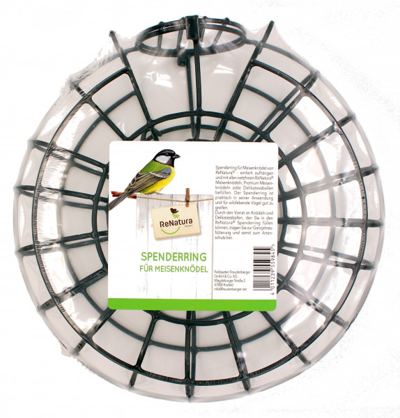 Produktbild des ReNatura Spenderring für Meisenknödel mit Beschreibung und Abbildung eines Vogels auf der Vorderseite.