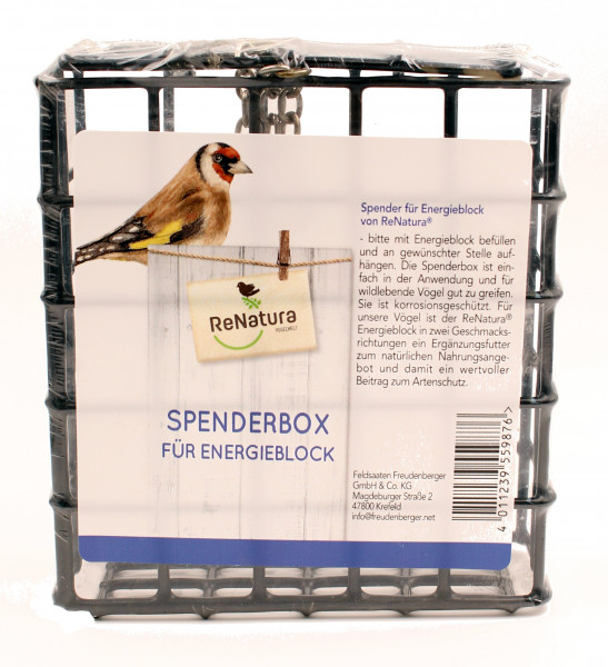Produktbild eines ReNatura Spender für Energieblock mit Aufdruck eines Vogels und Informationen zur Nutzung und Bestückung des Spenders auf Deutsch